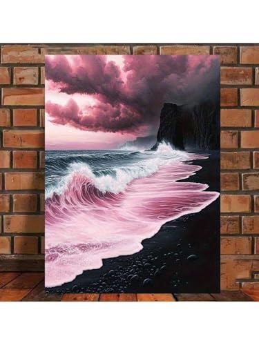 Paysage marin spectaculaire et poétique d'une plage orageuse rose