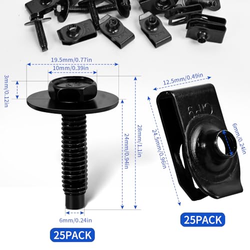 Image of 50Pack M6-1.0 U Clips Automotive Kit with Speed Nuts and Screw Clips | Universal Fender Liner Hex Head Screws for Engine Splash Shield
