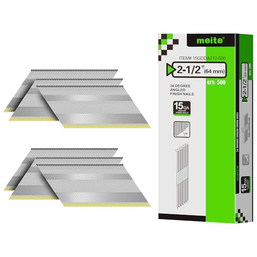 meite Clavos de acabado en ángulo de calibre 15 de 2-1/2 pulgadas galvanizados de 34 grados para clavadora de acabado, clavos de acabado estilo DA de 15 GA para zócalo, moldura de corona, gabinete
