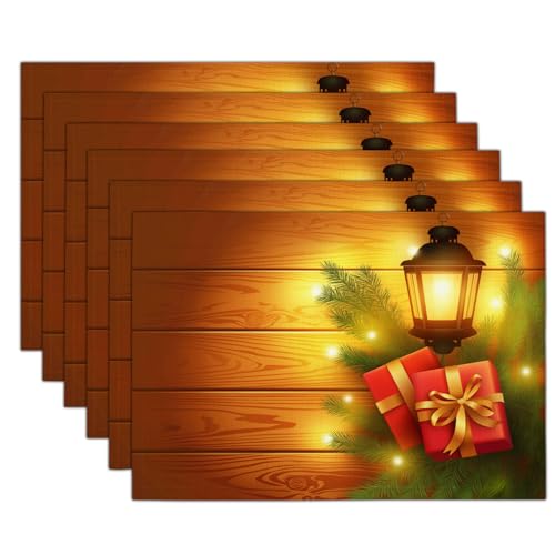 Juego De 6Pcs Manteles Individuales De Acuarela,Rojo Verdoso Farol De Madera Arte De Textura 30 X 45 Cm para Vacaciones Invierno Banquetes Lavables Cocina Fiestas Decoración