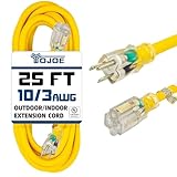 YOJOE Indoor Outdoor Extension Cord with Lighted End, 3 Prong 15A Weatherproof Power Cord, 10 Gauge Heavy Duty 25 ft Yellow Extension Cord for Garage, Garden and Home, 10/3 SJTW UL Listed