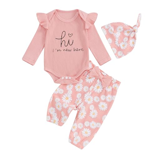 Image of Twopumpkin Newborn Baby Girl Clothes Outfits Rib Knit Bodysuit Romper Floral Pants Headband Hat Coming Home Outfit