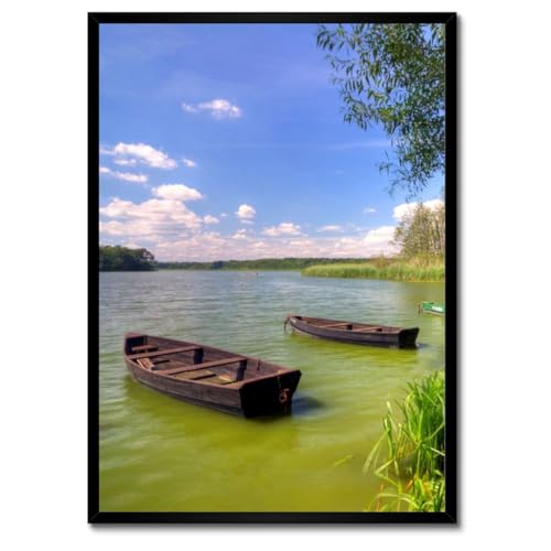 Poster de collection bateaux de pêche lac avec cadre blanc d'art