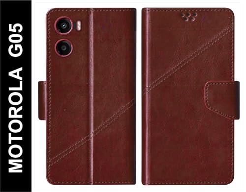 Image of SBMS Flip Cover for Motorola Moto G05 Back Cover Case with Magnatic Closure | Inbuilt Stand | Card & Money Pocket (Coffe Brown)