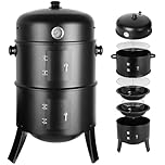 TLGREEN Fumoir 3 en 1, Smoker Fumoir, Barbecue Charbon de Bois, Ø44,5 x 80 cm, Avec Évacuation d'air Réglable et Thermomètre, 2 Grilles Inox, Barbecue Smoker pour Fumer, Griller et Cuisiner