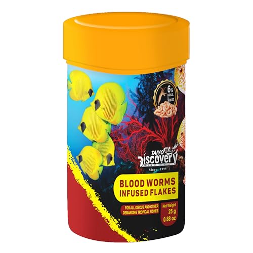 Taiyo Pluss Discovery Bloodworms Infused Flakes Fish Food - 25 g (Pack of 1) | Premium Slow Sinking Diet for Fishes with Krill & Squid for Active Growth & Coloration