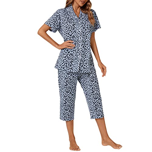 Image of Tugege Capri Pajamas Set Womens Button Down Short Sleeve Lounge Sets Sleepwear Notch Collar Top & Capri 2 Piece PJ Sets