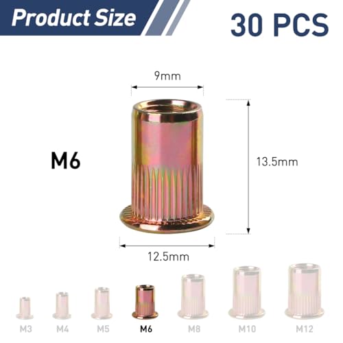 BOUMVID Nietmuttern M6, 30 Stück Verzinkt Kohlenstoffstahl Nietmutter Innengewinde Rundef Flachkop Rivet, Verwendet Einnietmutter Gewindenieten Einnietmuttern Hülsenmutter für Rohre, Metallplatten