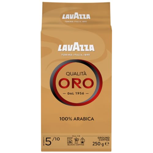 Lavazza, Qualità Oro, Café Molido Natural, Ideal para Cafetera Italiana, de Filtro y Francesa, con Notas Aromáticas de Frutas y Flores, 100% Arábica, Intensidad 5, Tueste Medio, 250 g