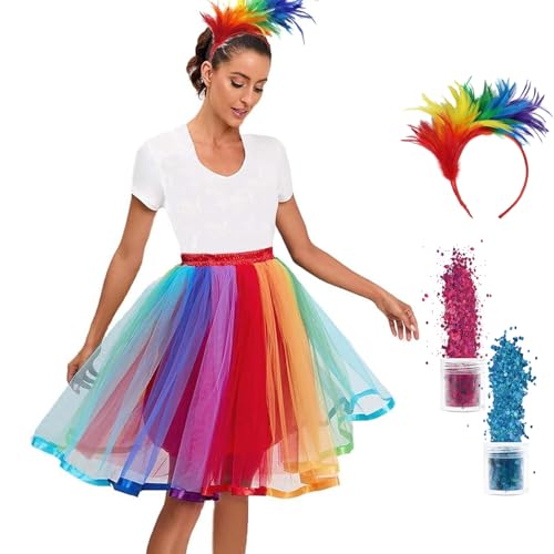 QUANMAITONG Falda de tul para mujer y multicolor con plumas, arco iris, disfraz de carnaval, disfraz de mujer para fiestas de carnaval y actuaciones escénicas