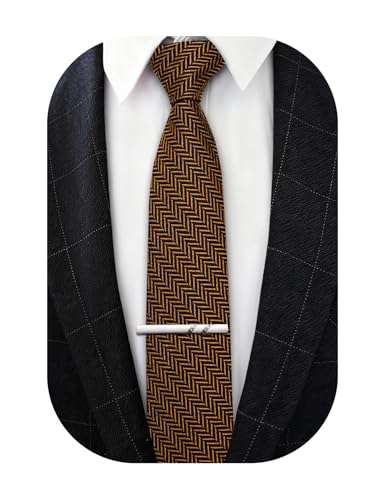 Image of Barry.Wang Skinny Ties for Men Wool Blend Herringbone Necktie with Tie Clip | Tie and Tie Clip Set, Cashmere Wool Stripe, 2.76 x 63 Inches, Extra Long Slim, Wedding Work Party Classic