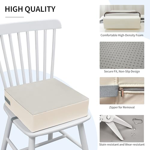 Image of Eiury Booster Seat for Kitchen Chair, Toddler Booster Seat for Dining Table, Waterproof PU Leather Kids Seat Cushion with Adjustable Straps, Non-Slip Bottom, Wipeable Seat Pad, Grey+White