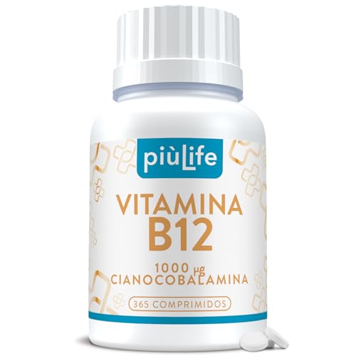 Vitamina B12 Vegana 1000 mcg PiùLife, 365 Comprimidos, Vitamina B12 Cianocobalamina, Suplemento B12 Vitamina Para Sistema Inmune, Fatiga Física Y Mental, 1 Año de Suministro