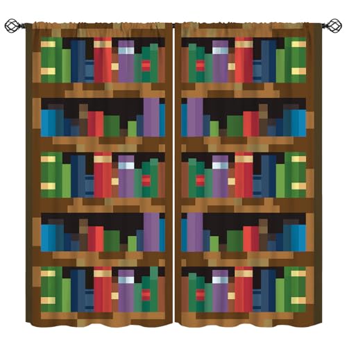Pixelated Bookshelf Curtain for Kids, Shelf with Books in Pixel Art Style Game Concept Rod Pocket Window Treatments Drapes for Girls Boys Bedroom Playroom 42x45in(Décor)