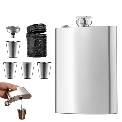 Flachmann 8Oz Edelstahl Flachmann Flachmann Edelstahl mit Trichter und 4 kleine Tassen Geeignet zum Tragen von Alkohol Taschen-Flachmann für Wandern und Party  Silberfarben