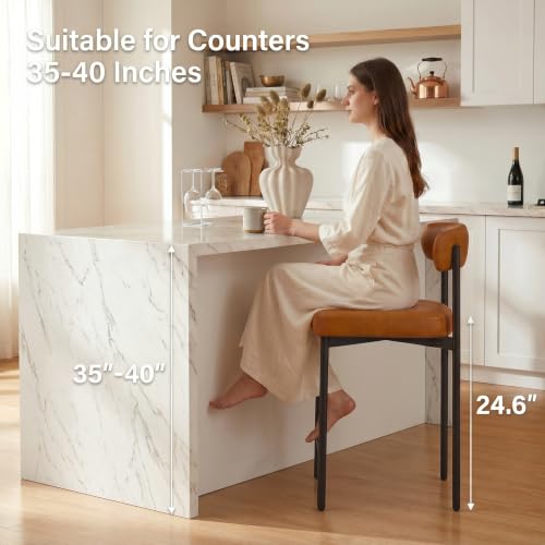 Image of GrandNoor Brown Modern Bar Stools Set of 3, 24 Inch Faux Leather Counter Stools with Curved Backrest, Counter Height Bar Stool for Kitchen Island