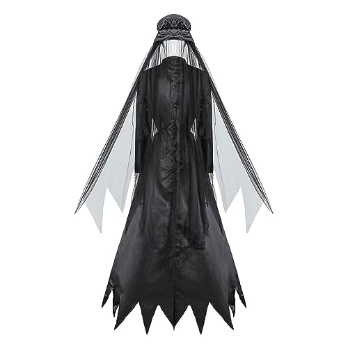 NICEYEA XXL Halloween Witch Costume Horror Graveyard Bridal Set Cosplay Dark Black Ghost Bride Dress Long Hooded Cloak Scary Fancy Dress Outfits Props for Women Role Play Prom Party Carnival - Image 2