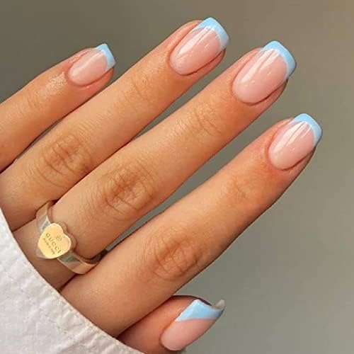 RikView Press on Nails French Tip Nails Oval Nail Tips Glossy Fake Nails False Nails with Design Full Cover Acrylic Nails (Blue)