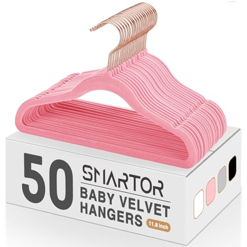 Image of Smartor Premium Baby Hangers Velvet 50 Pack Pink 11.8 Inch Durable Kids Felt Hangers Non Slip for Toddler, Baby Clothes Hangers for Infant/Childrens Closet Storage