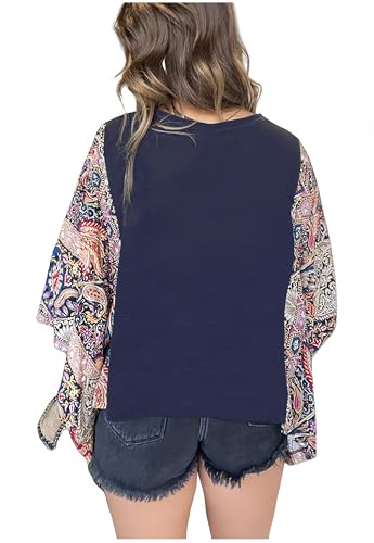 Women's Floral Print Batwing Sleeve Top Loose Fit Round Neck Casual Blouse Boho Chic Flowy Tunic Shirt2