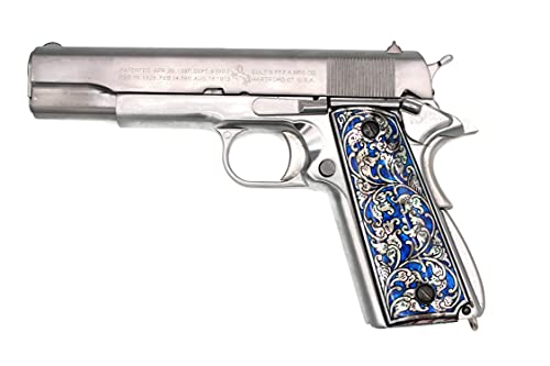 Flower Art Blue On Mother Of Pearl Mop Grips Fits 1911 Standard Full Size Colt Government And Commander Kimber, Springfield, Remington, Taurus Pt 1911, Smith&Wesson Blue Background #TOP4