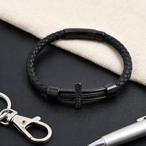 Pulsera de cuero trenzado con cruz para hombre y mujer miniatura 3