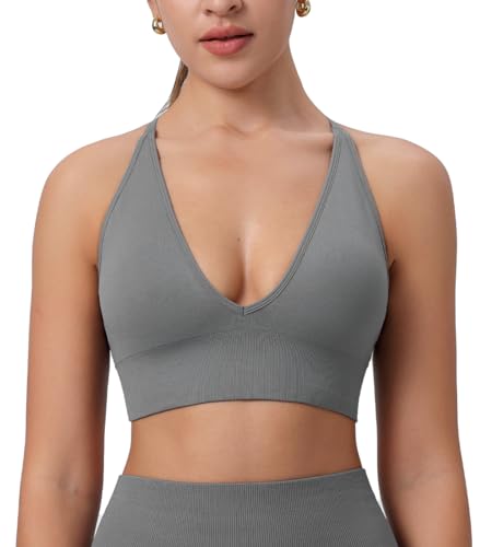 Image of Deep V-Neck Adjustable Women's Sports Bra | Wireless Longline Strappy Criss Cross Padded Spaghetti Straps Light Impact Workout Yoga Crop Top
