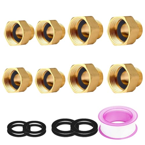 TREABEAR 8 reductores de latón con anillo de goma y parada de agua, adaptador de 3/4 pulgadas a 1/2 pulgadas, reductor de 1/2 a 3/8 para válvula de calefacción, conexión de lavadora, adaptador