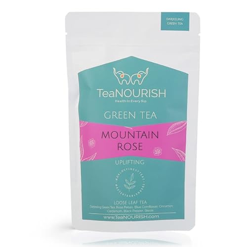 Teanourish Mountain Rose Darjeeling Green Tea | Whole Loose Leaf Tea | Vibrant Green Tea Blended With Rose Petals, Blue Cornflower & Cinnamon | 100% Natural Ingredients | Brew Hot Or Iced Tea (1.76Oz/50Gms) #TOP21