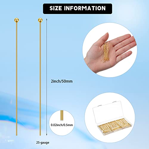 Waydress 500 Pcs 2 Inch Eye Pins for Jewelry Making Flat Head Pins 50 mm Brass Jewelry Making Supplies with Balls Earring Findings for Craft Bracelet Accessories(Gold) - Thumbnail 2