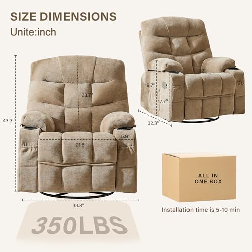 Image of Manual 360Swivel Rocker Recliner Chair,Single Recliner Seat with Cup Holders,Recliner Chairs for Adults, Upholstered Fabric Lazy Boy Recliner for Bedroom,Living Room,Brown