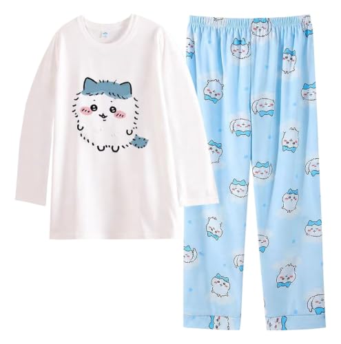 Satdflie Cartoon Pajamas Set Women Girls 2 Piece Lounge Set Sleepwear Long Sleeve T Shirt and Lounge Pants Pjs Sets, Blue/6, XXL