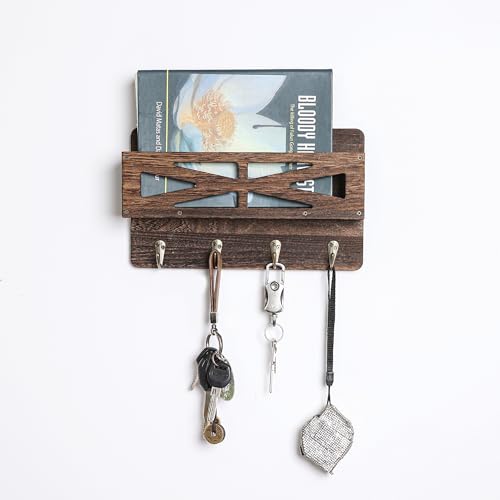 Zisoue Key Holder for Wall, Key Hooks for Wall with Mail Organizer, Wooden Key Rack Organizer with 4 Hooks, Key Holder Wall Mount for Bags, Coats, Umbrella, Dog Leash, Sunglasses, Brown