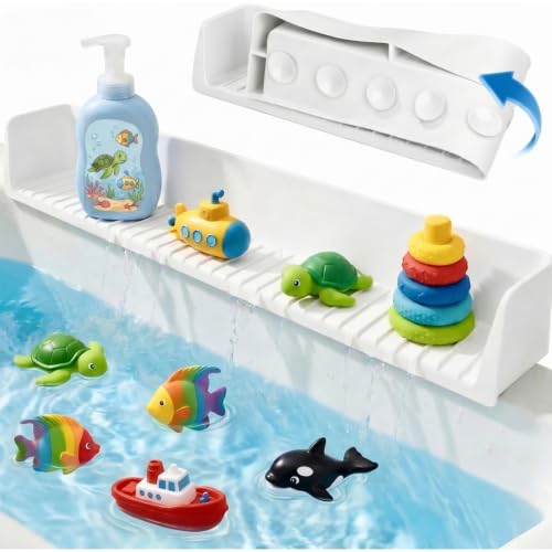 Bathtub Splash Guard for Tub Kids Silicone Bath Toy Holder & Tub Side Tray with Suction Cups Bath Tub Shelf for Kids Bathtub Toy Storage White