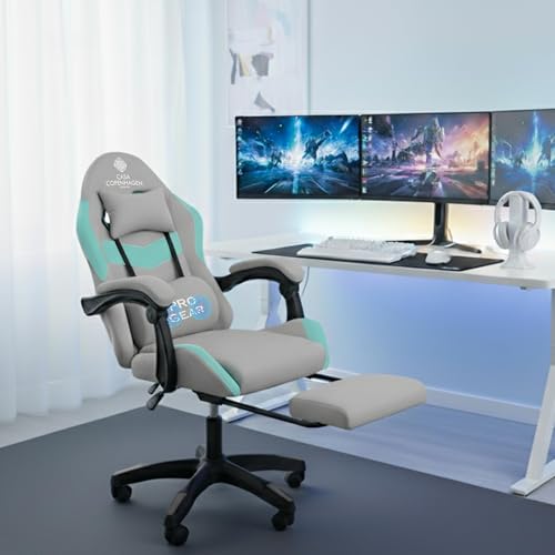 Image of Casa Copenhagen, High-Back Italian Fabric Gaming Ergonomic Chair with Advanced Mechanism & Electric Back Massager, Luxurious Memory Foam Seating & Multi Function Arm-Rest - Grey & Aqua Blue