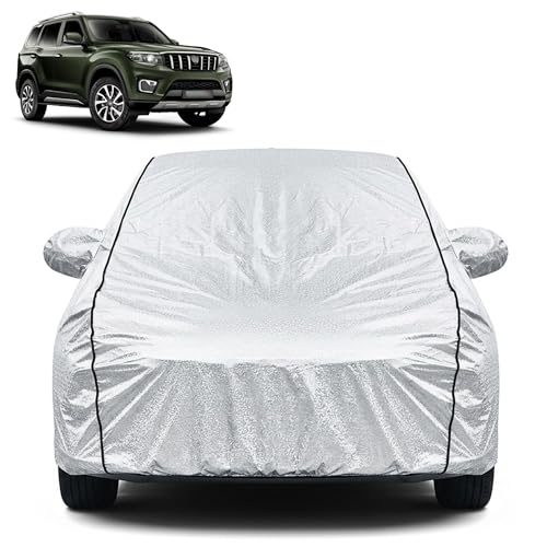 Image of Waterproof Car Cover for Mahindra Scorpio N | Dustproof, UV Resistant & Scratch Protection | Soft Cotton Lining | Triple Stitched | Mirror Pockets & Elastic Fit | Silver