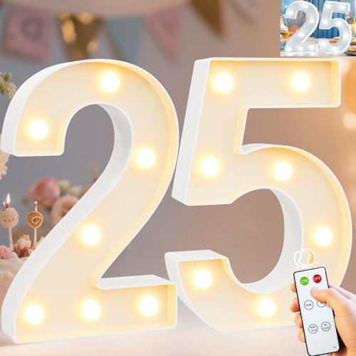 Image of Pooqla 25th Birthday Decoration for Her Him, Decorative Marquee Numbers with Remote, Light Up 25 Sign for Party Backdrop 25th Wedding Anniversary Decor, Warm White and Cool White Number 25