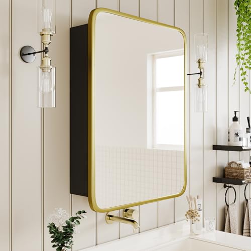Image of Medicine Cabinet with Brushed Gold Metal Frame Mirror, Overall 20 inchx 30 inch