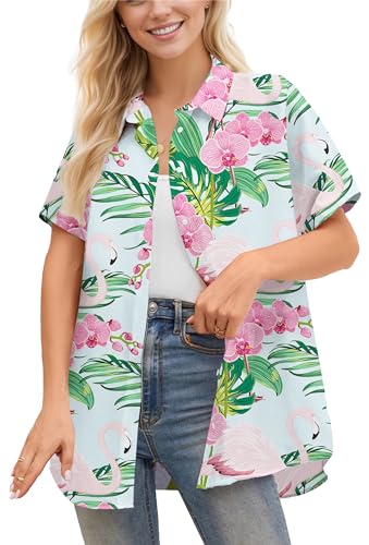 Image of Betusline Girls' and Womens' Hawaiian Shirt Blouse Button Down Beach Shirts | Casual breathable and comfortable Short Sleeve V-Neck Floral Tropical Blouse