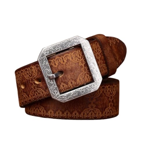 Men's Women's Embossed Leather Belt - Durable Pure Cowhide Western Strap with with Engraved Floral Silver Square Buckle(100cm/39, Brown)