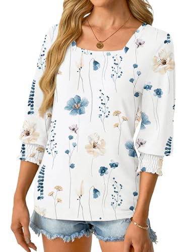 GKBK Womens 3/4 Sleeve Shirts Square Neck Dressy Casual Blouses Spring Summer Smocked Cuffs Tops White Floral — view 3