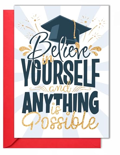 HOMEVAGE Graduation Card with Envelope - Thankful & Motivation Gold Glitter Card - Folded 5"x7" Single Card For Grad, High School, College, Nursing, Middle school, Kindergarten Gift Card