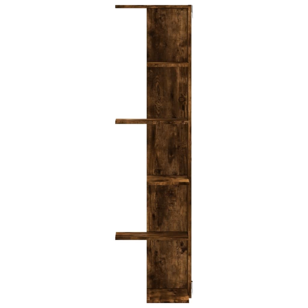 Wand-Eckregal Räuchereiche aus Holzwerkstoff 36,5x36,5x140 cm platzsparendes Regal mit Wandhalterung für Wohnzimmer Schlafzimmer Büro zur stilvollen Aufbewahrung und Dekoration
