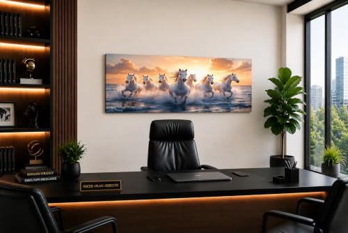 Image of 7 Horse Vastu Sunrise Canvas Painting | Positive Energy Wall Decor | Big Size Premium Running Horses Artwork for Home, Office & Hall Decoration (Modern, Water Pink Horse, 44x20 Inch)
