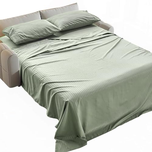 Kingnex Striped Sofa Bed Sheets Queen for Sleeper Sofa Bed Soft Double Brushed 4 Piece Bedding Pillowcase Set (60x74x6) Sage
