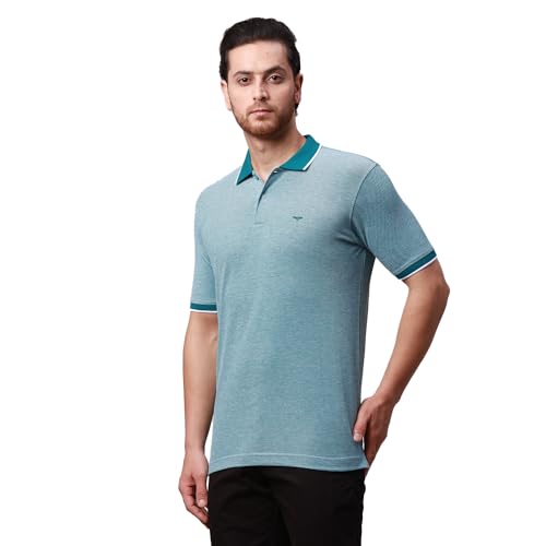 Image of Park Avenue Men's Cotton Polyester Blend Stripe Pattern Slim Fit Rib Collar Polo Neck Half Sleeve Casual T-Shirt