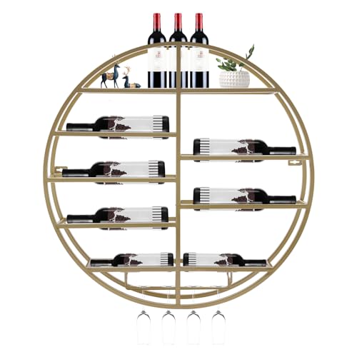 NEATOOM Wall Mounted Round Wine Rack Metal Wine Display Rack Round Wine Glass Goblet Holder Wine Bottle Holder Hanging Wine Rack for Bar Wine Cellar Kitchen Storage Display (Gold)