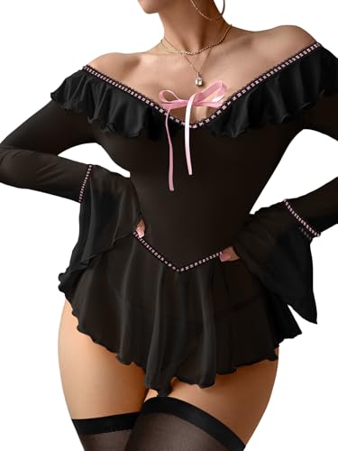 Image of Foxiny Sheer Ruffle Long Sleeve Babydoll Lingerie Dress | Off-shoulder neckline, flared cuffs and a flounce hem add movement; thong and thigh-high stockings complete the 3-piece set