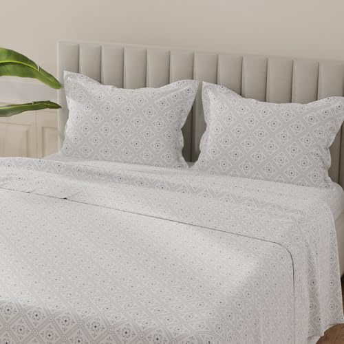 Image of Layers 100% Cotton Bedsheet for King Size Bed | Lumina Floret Collection | 144 TC Soft & Breathable | Printed with 2 Pillow Covers | Wrinkle Free & Colorfast | 3 Piece Bedding Set - Grey & White