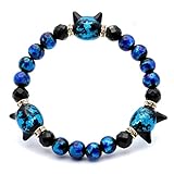 [GOLD STONE] ホタルガラス ブレスレット 光る 夜光 猫型ビーズ オニキス 64面カット キラキラ 天然石 パワーストーン ネコ ねこ にゃんこ 沖縄 可愛い